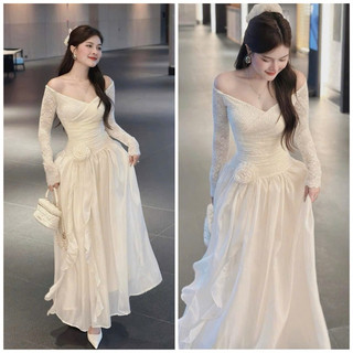 Đầm xòe ren hoa trễ vai phối voan tơ siêu Hot