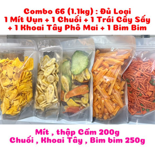 Combo 66 (1.1Kg) : 1 Mít Sấy Vụn + 1 Chuối Sấy + 1 Trái Cây Sấy + 1 Khoai Tây Phô Mai + 1 Bimbim Đậu Hà Lan