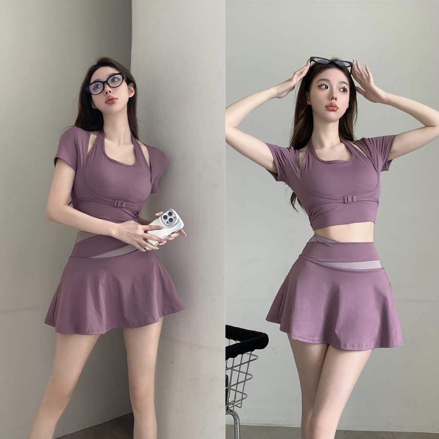 Set bộ thể thao pickleball tập gym đi biển chân váy 2 lớp kín đáo áo croptop tay ngắn giả yếm có mút đệm may liền SET19 | BigBuy360 - bigbuy360.vn
