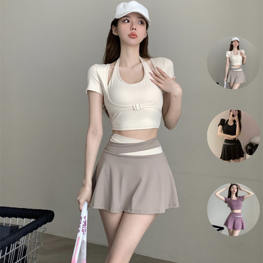Set bộ thể thao pickleball tập gym đi biển chân váy 2 lớp kín đáo áo croptop tay ngắn giả yếm có mút đệm may liền SET19 | BigBuy360 - bigbuy360.vn
