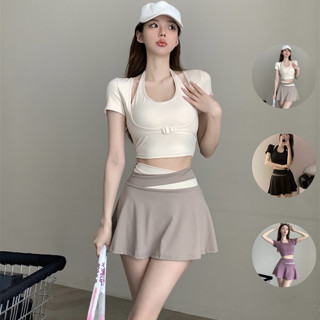 Set bộ thể thao pickleball tập gym đi biển chân váy 2 lớp kín đáo áo croptop tay ngắn giả yếm có mút đệm may liền SET19