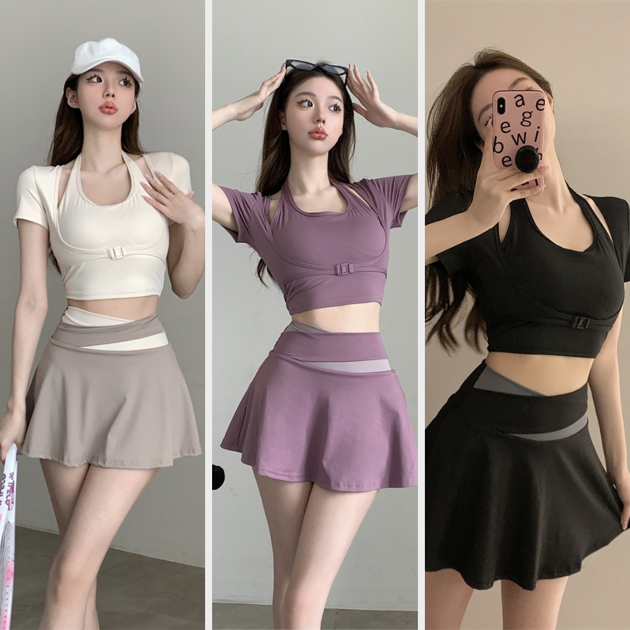 Set bộ thể thao pickleball tập gym đi biển chân váy 2 lớp kín đáo áo croptop tay ngắn giả yếm có mút đệm may liền SET19 | BigBuy360 - bigbuy360.vn