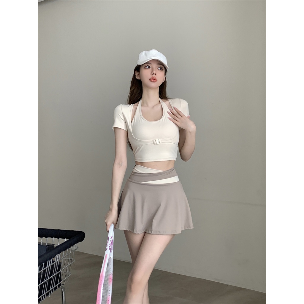 Set bộ thể thao pickleball tập gym đi biển chân váy 2 lớp kín đáo áo croptop tay ngắn giả yếm có mút đệm may liền SET19 | BigBuy360 - bigbuy360.vn