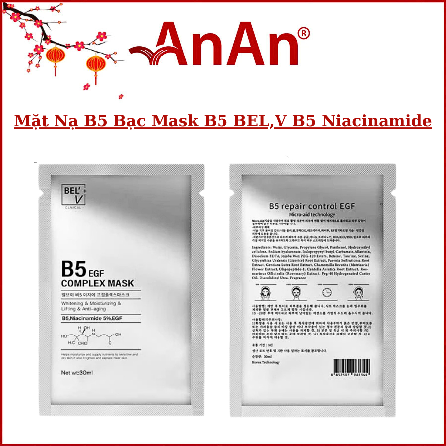 Mặt Nạ B5 Bạc Mask B5 BEL,V B5 Niacinamide EGF | Complex Mask Giúp Cấp Ẩm, Dưỡng Trắng Phục Hồi Da. 