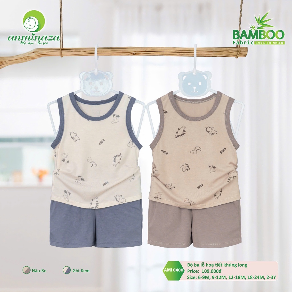 Bộ quần áo Ba Lỗ Hãng Aminaza Họa tiết in Khủng Long dành cho Bé Trai