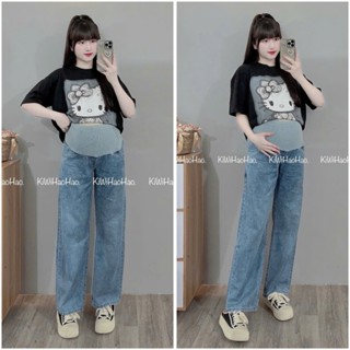 Quần bầu - Quần bò bầu - Quần jean bầu xuông ống rộng xanh tiêu nhạt túi kép có đáp bụng - Q029