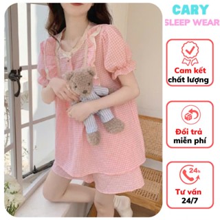 Bộ đồ ngủ đùi kẻ caro bèo nơ xinh xắn áo tay ngắn quần ngắn đồ ngủ nữ pijama mặc nhà tiểu thư chất đũi xốp CARY
