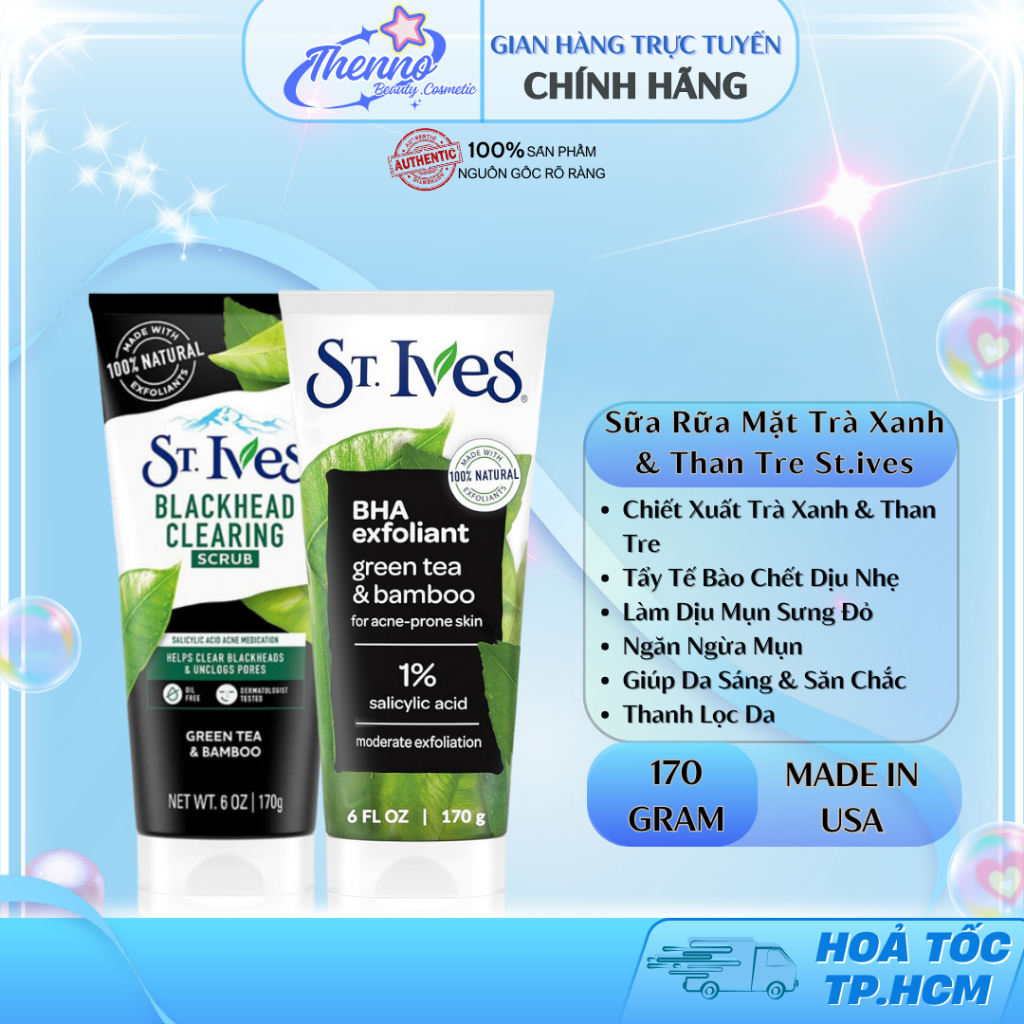 Sữa Rửa Mặt Tẩy Tế Bào Chết & Làm Giảm Mụn Đầu Đen St.Ives Chiết Xuất Trà Xanh Và Than Tre 170gr