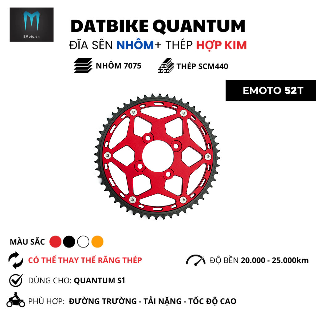 Đĩa Nhôm - Thép EMOTO 52T cho DatBike Quantum S0/S1