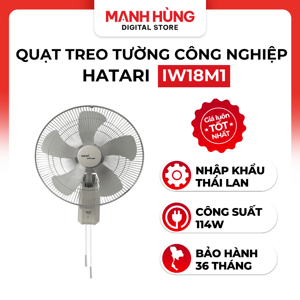 Quạt treo tường công nghiệp Thái Lan dây rút Hatari IW18M1 - Bảo hành chính hãng 36 tháng