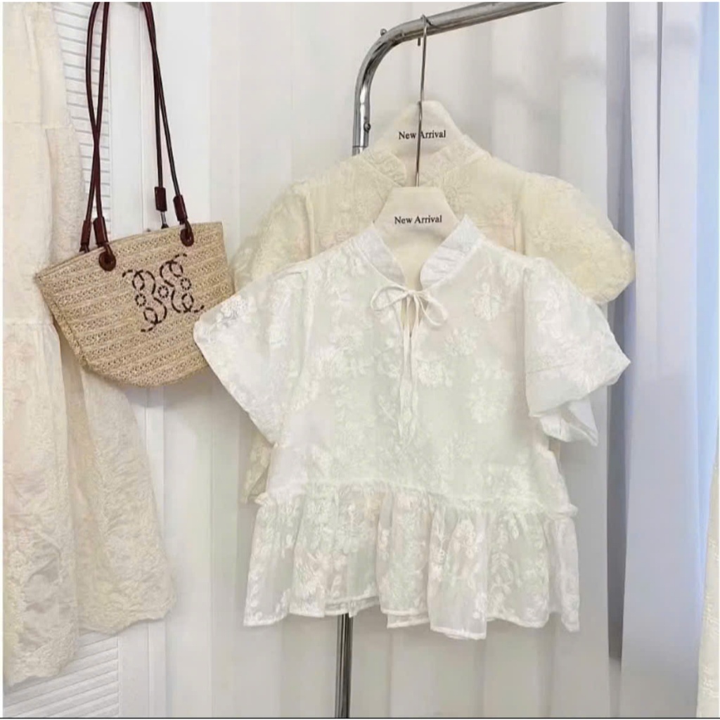 Áo Babydoll Nữ A.722, Áo Cổ Tàu Tay Ngắn Dáng Babydoll Phối Ren Hoa Cổ Thắt Nơ Xinh Xắn MIE97