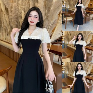 DB63 - Váy Thiết Kế Evii dành cho nữ,Đầm thiết kế cổ V phối tơ be thêu mix Tafta trước ngực (tặng kèm nơ cài) dáng A xòe