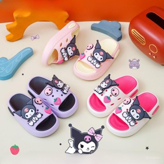 Dép lê Bé Gái họa tiết Kuromi Dâu, dép quai ngang đế cao 3cm cho bé gắn charm Dâu Tây siêu xinh