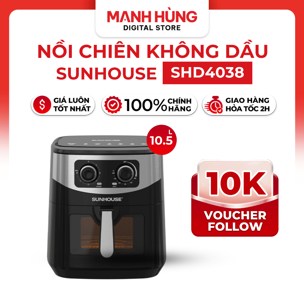 Nồi chiên không dầu Sunhouse SHD4038 Dung tích 10,5L, Nướng gà nguyên con, Bảo hành 12 tháng