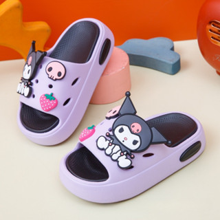 Dép lê Bé Gái họa tiết Kuromi Dâu, dép quai ngang đế cao 3cm cho bé gắn charm Dâu Tây siêu xinh