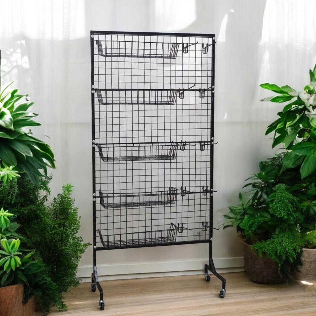  Combo kệ khung lưới có bánh xe di chuyển kèm giỏ treo và móc treo bằng kim loại cứng cáp chắc chắn HT12 