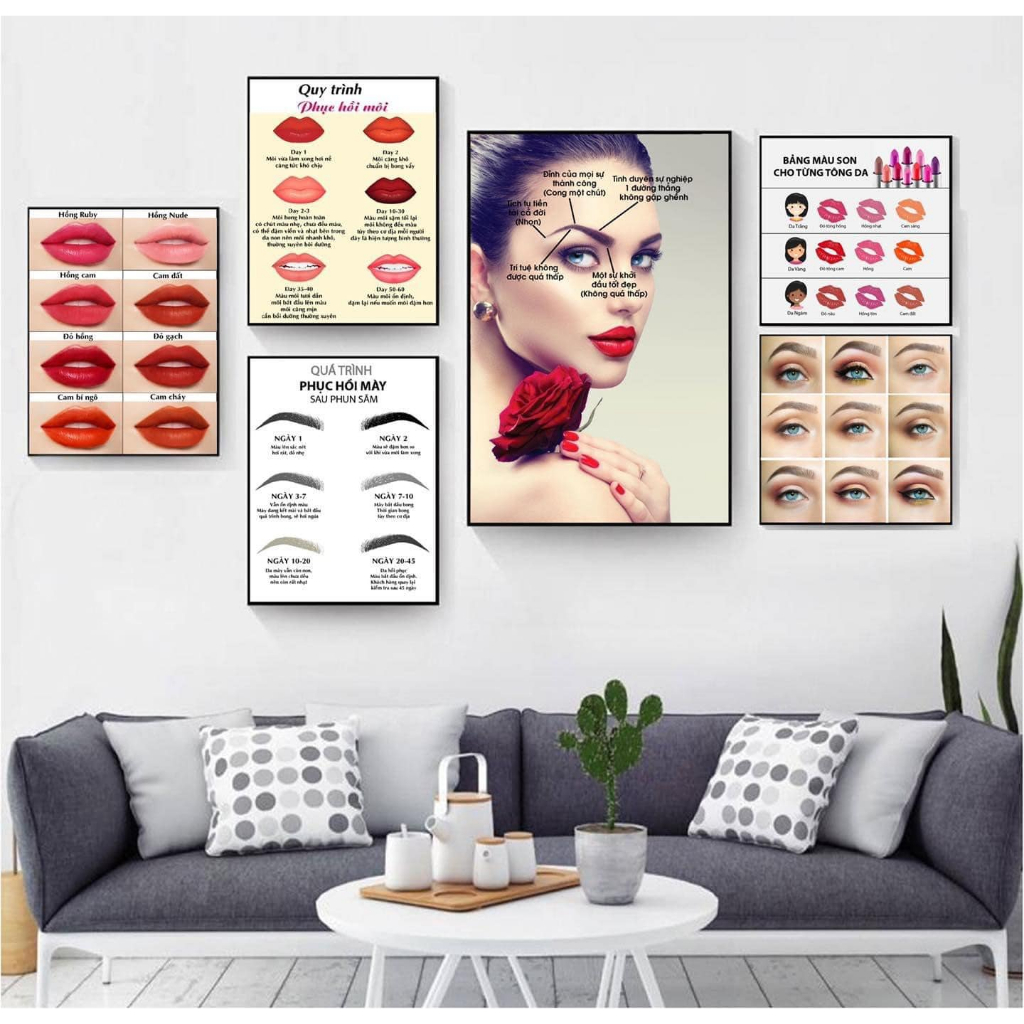 COMBO 5 TRANH PHUN XĂM MẪU MỚI, bộ 5 tranh fomex dán tường decor tiệm phun xăm môi mày thẩm mỹ