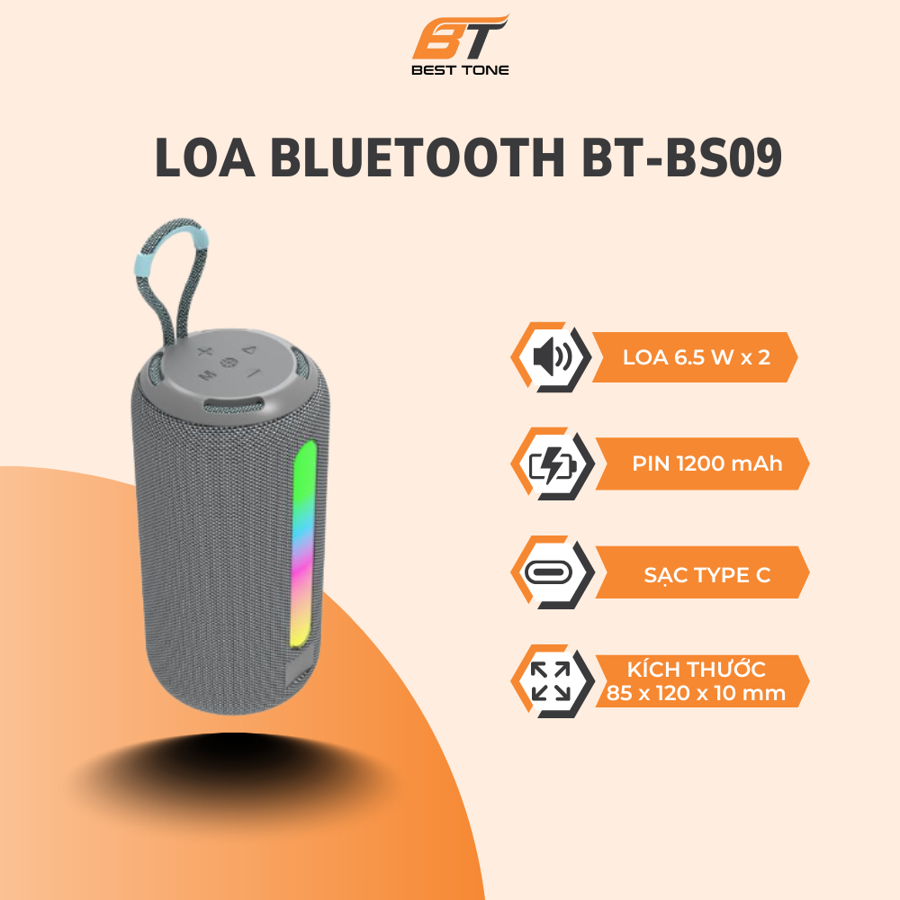 Loa Bluetooth Không Dây 5.3 BT-BS09 - Công Suất 13W, Bass Mạnh, Đèn LED, Âm Thanh Sống Động