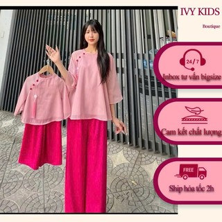 Set đồ lam mẹ và bé gái - set áo cánh dơi 2 lớp kèm quần phi lụa đi chùa cho mẹ bé