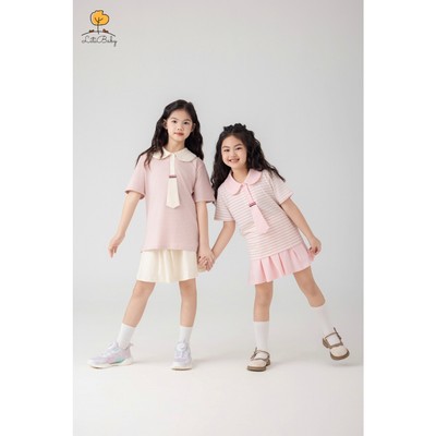 Bộ cotton bé gái đi chơi, đi học LITIBABY áo kẻ cà vạt kèm chân váy size 2/12 tuổi