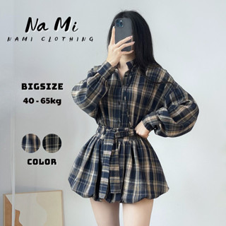 Sét váy kẻ cổ tàu áo sơ mi mix chân váy bí dáng xoè bồng chất kẻ thô mềm BigSize, Sét bộ nữ sang chảnh cá tính NaMi 399