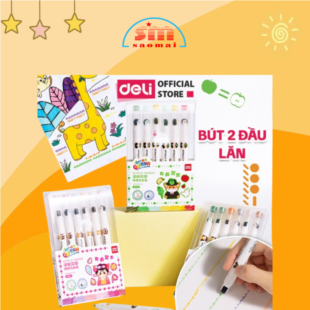 Bút Màu Acrylic Lăn Deli - Bút Sơn Màu Acrylic Marker 2 Đầu Có Họa Tiết Cute -  Hộp 6 chếc