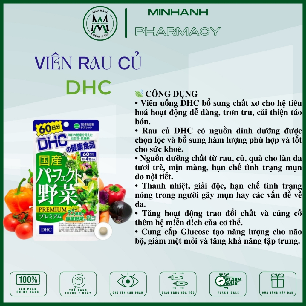 Viên uống rau củ quả DHC Nhật Bản bổ sung các vitamin cần thiết cho cơ thể giúp mang đến làn da trắng sáng mịn màng