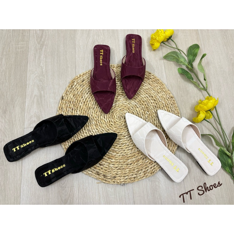 Dép xẹp mũi nhọn trơn da vân sáp TT Shoes xepnhontrơn