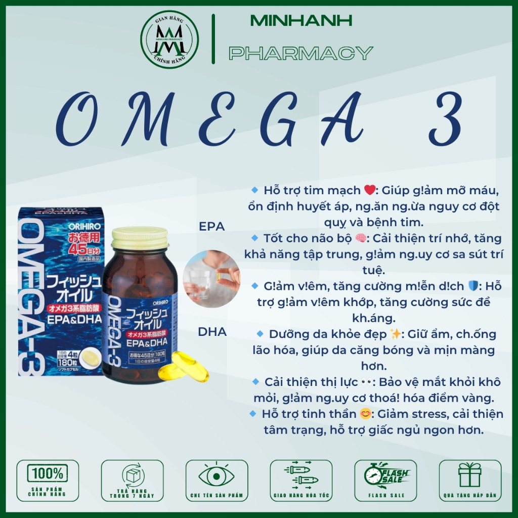 Viên uống dầu cá Omega 3 bổ mắt bổ não Orihiro Nhật Bản 180 viên