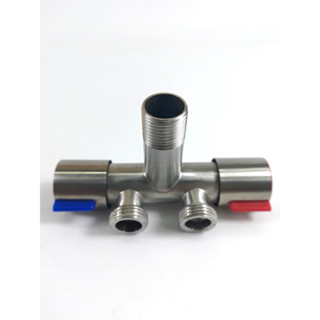 Vòi góc 2 đầu ra hình chữ T Inox 304, chia ra 2 màu xanh và đỏ dễ dễ phân biệt nước nóng và lạnh
