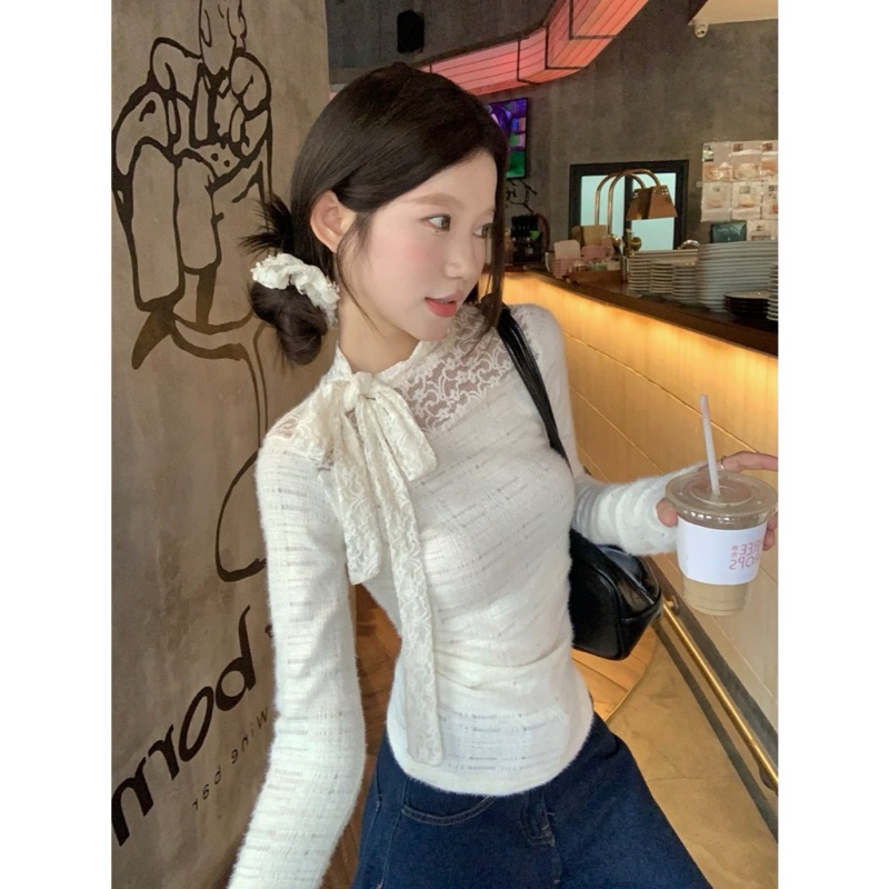 [Zestiva] áo thun tay dài áo thun ôm body áo thun trơn Cổ Tròn ren