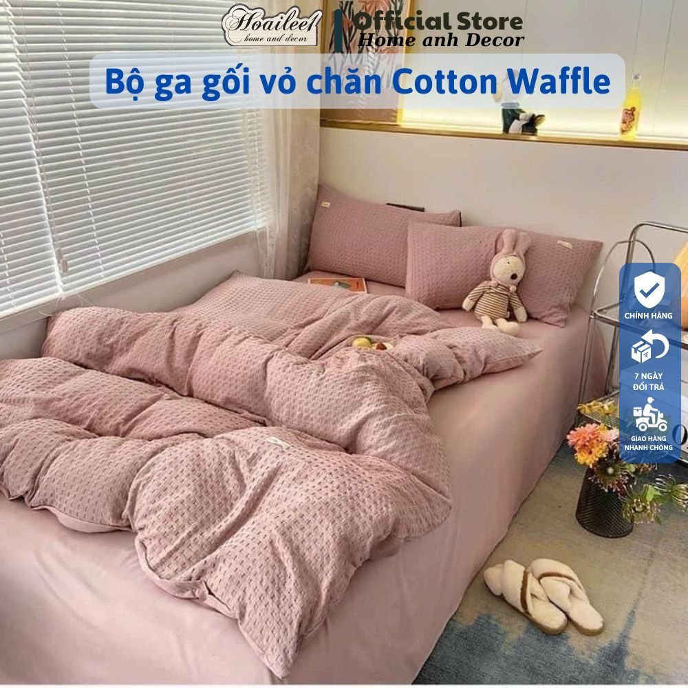 Bộ Chăn Ga Và Vỏ Gối Chất Liệu Cotton Waffle Cao Cấp Thoáng Mát HOAILEE1