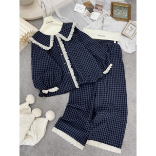  Set Đồ Ngủ Kẻ Caro Phối Bèo Tay Dài Kèm Quần Suông Ống Rộng 