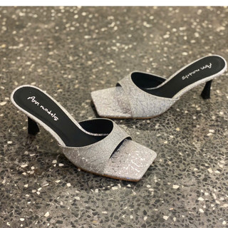  Giày guốc dép sandal nữ thời trang 7 phân bản ngang gót nhọn quai ngang  xi kim tuyến cao cấp-G7FKT 