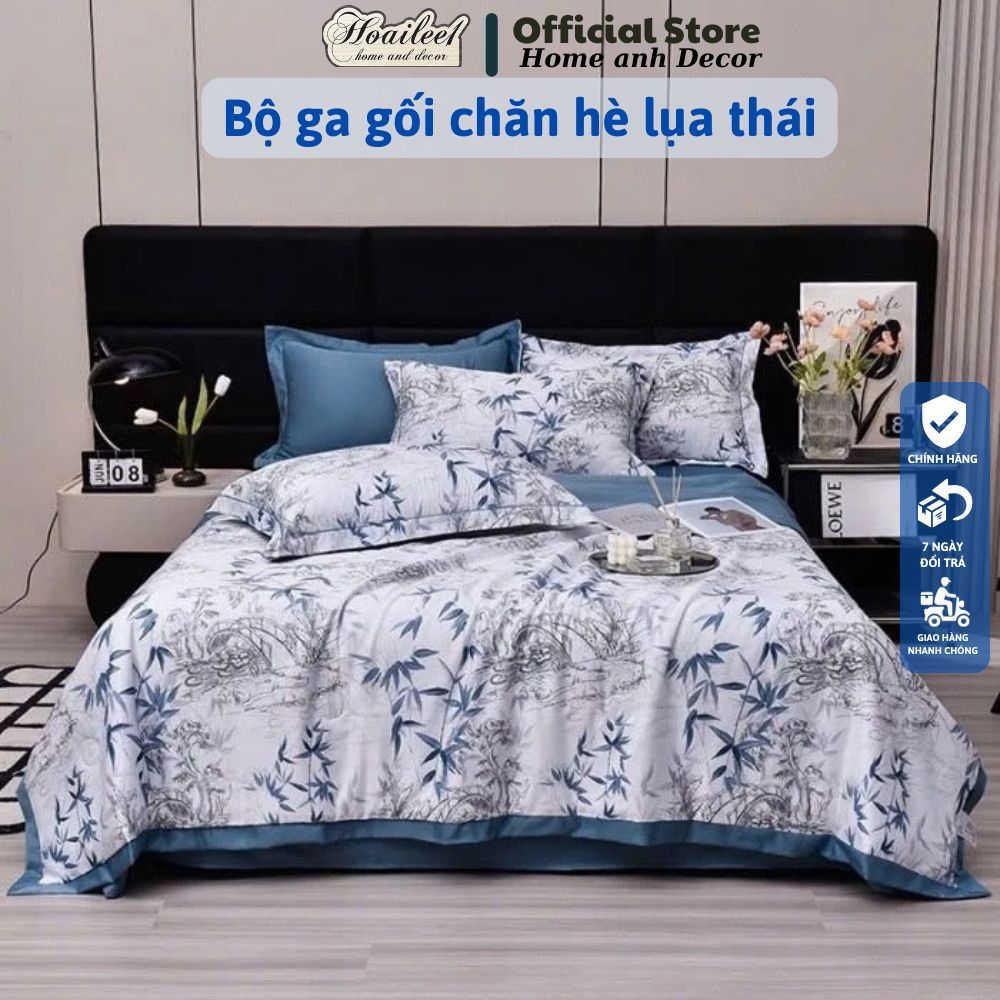 Bộ chăn ga lụa thái 4 món HOAILEE1, chăn có bông chất liệu lụa mềm mịn mát