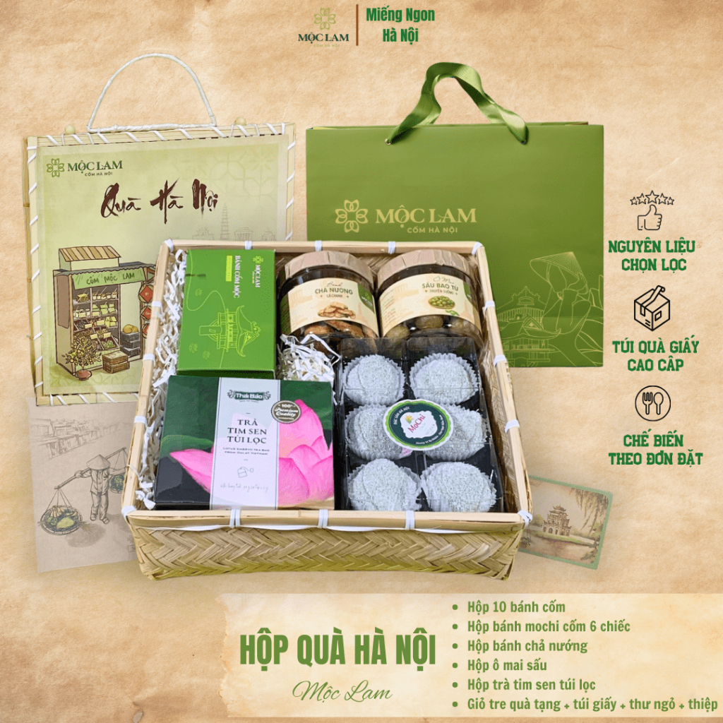 Giỏ Quà Hà Nội - Mộc Lam (Bánh cốm - Bánh mochi cốm - Bánh chả nướng - Ô mai sấu - Trà tim sen - Giỏ