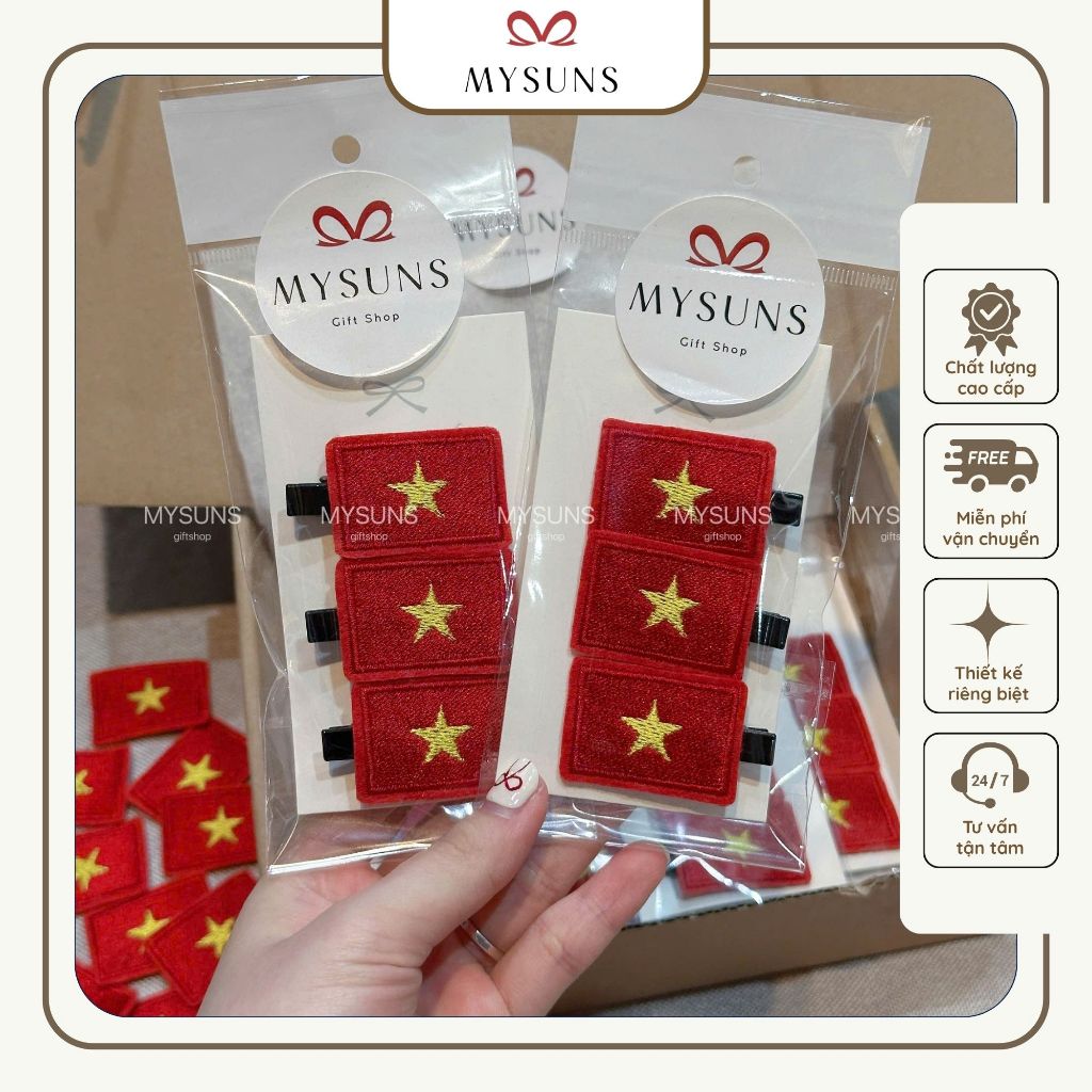 Kẹp tóc cờ đỏ sao vàng MYSUNS - Hot trend set 3 chiếc thêu phong cách ngày quốc khánh, mùa bóng quà 