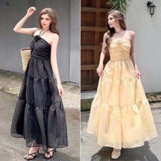 Set váy maxi áo cúp ngực dây yếm gắn hoa phối chân váy xòe 3 tầng bánh bèo đi biển váy áo dáng dài đi biển B404 SUTANO