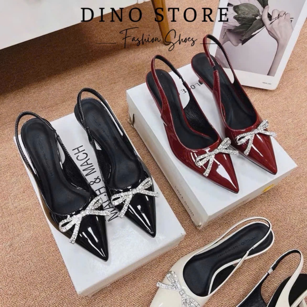 Giày cao gót bít mũi da bóng mềm đính nơ đá sang trọng DINO Store _ Mã D77