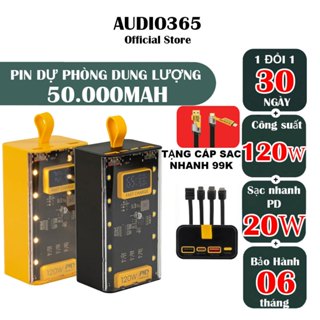 Sạc dự phòng 50.000mAh thiết kế trong suốt, sạc nhanh120W, kèm 4 cáp sạc, tích hợp đèn ngủ, bảo hành 6 tháng -AUDIO365