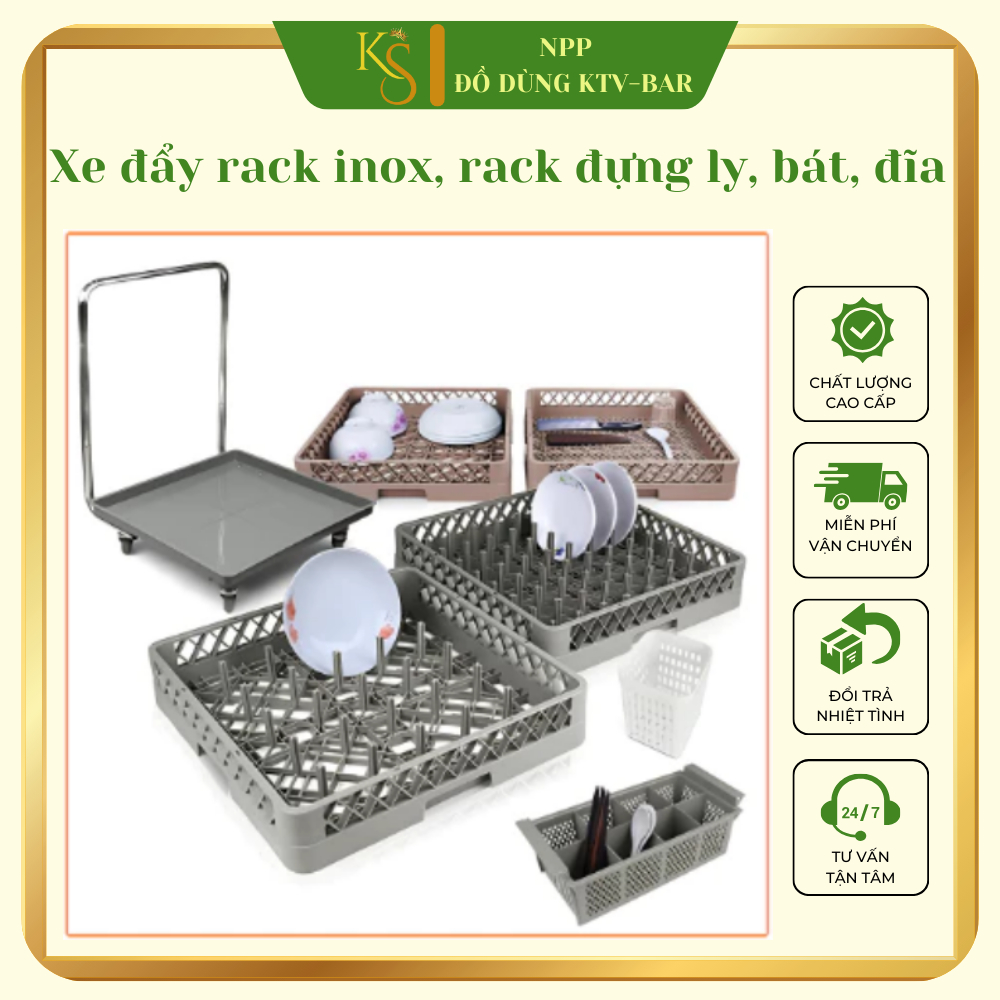 Xe đẩy rack inox, rack đựng ly, bát, đĩa, dao, thìa phù hợp cho nhà hàng, quán ăn, khách sạn tối ưu 