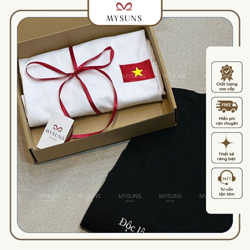 Áo thun thêu cờ Việt Nam MYSUNS - nón lá, hoa hướng dương thêu ở tay áo, ĐL-TD-HP tiêu ngữ Việt Nam 