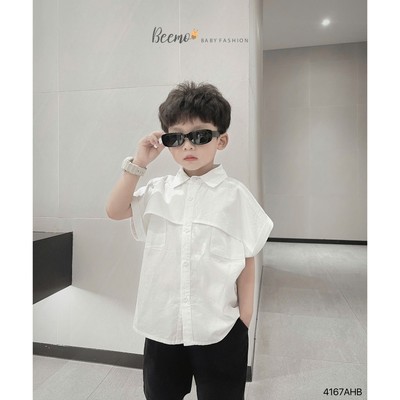Áo sơ mi cộc Beemo tay hến phối ngực form rộng vải thô thoáng mát đi học đi chơi cho bé trai từ 9-24kg 4167AHB