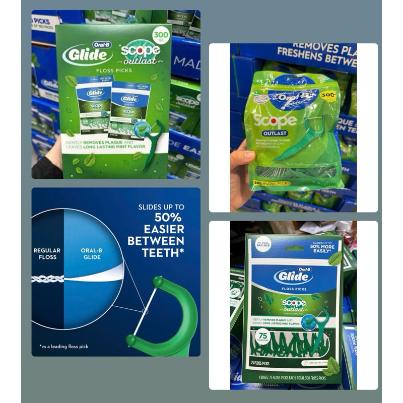 (NĐ Mỹ) Tăm chỉ nha khoa Oral-B Glide Floss Picks Scope Outlast gói  300 , 150 cây hương bạc hà Oral