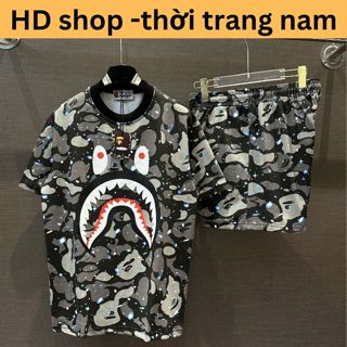  Bộ đồ nam cộc tay mặc hè pabe cotton in loang rằn ri vảy sơn phối hình răng cá mập cao cấp boy phố mã bộ loang 