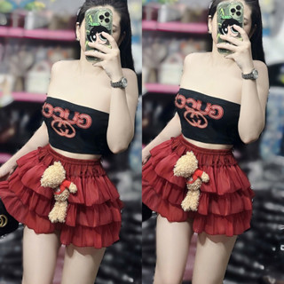 HOẢ TỐC Set Bộ Áo Quây Gu Chì Đỏ Croptop Kèm Gấu Bông Xịn + Chân Váy Tơ Tầng Đỏ Có Lót Quần