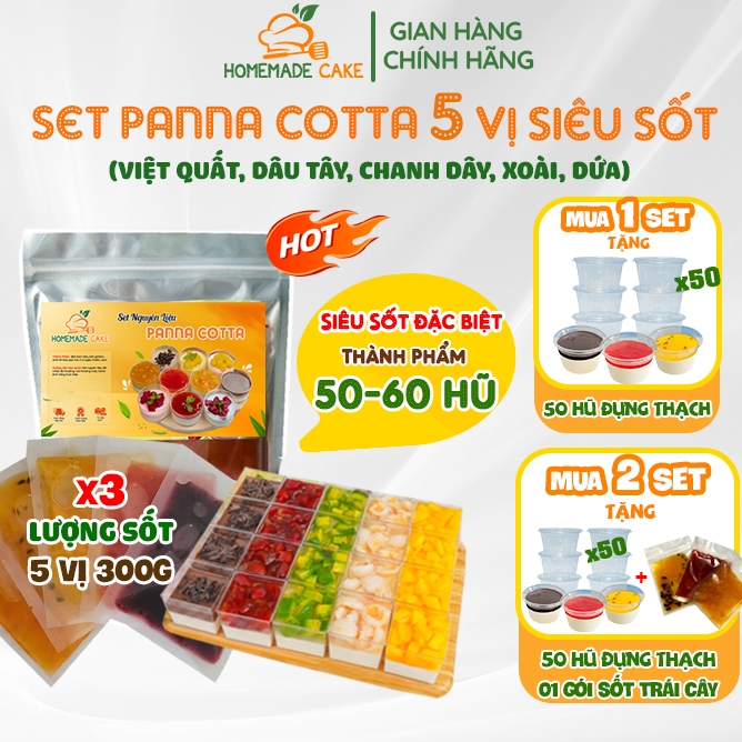 Set làm Panna Cotta [5 VỊ SIÊU SỐT] nguyên liệu Panna Cotta thành phẩm 50-60 hũ 60ml - HomemadeCAKE