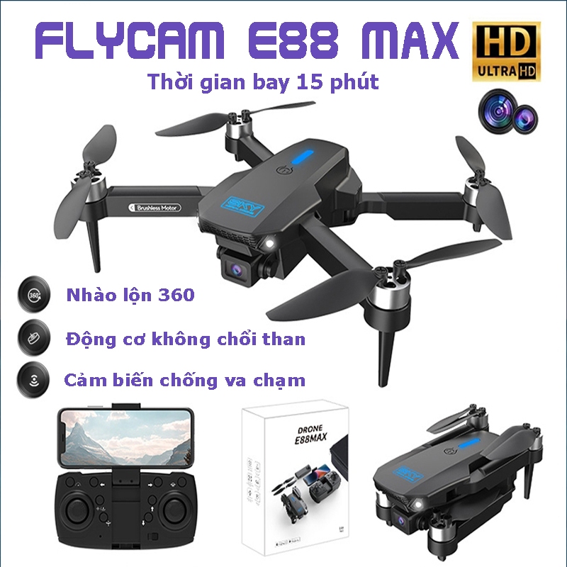 FLYCAM E88Max , FLYCAM GIÁ RẺ ĐỘNG CƠ KHÔNG CHỔI THAN, KẾT NỐI TRỰC TIẾP ĐIỆN THOẠI