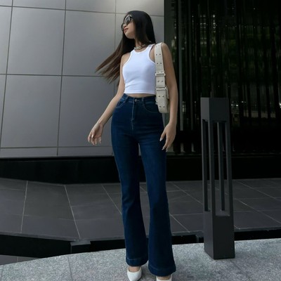 Quần jeans nữ dài ống loe lưng cao chất jean co giãn dài quần 96cm Callene (XK691)