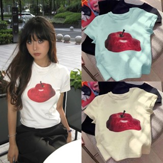 (sẵn) Áo thun baby tee hoạ tiết táo đỏ cổ tròn màu trơn trắng be xanh chất cotton ABBT045 - Tiktik